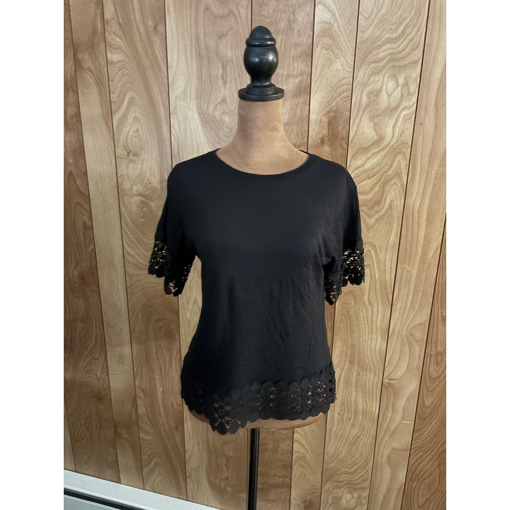 Topshop Black Crochet Lace Trim Short Sleeve Top Tee US 6‎